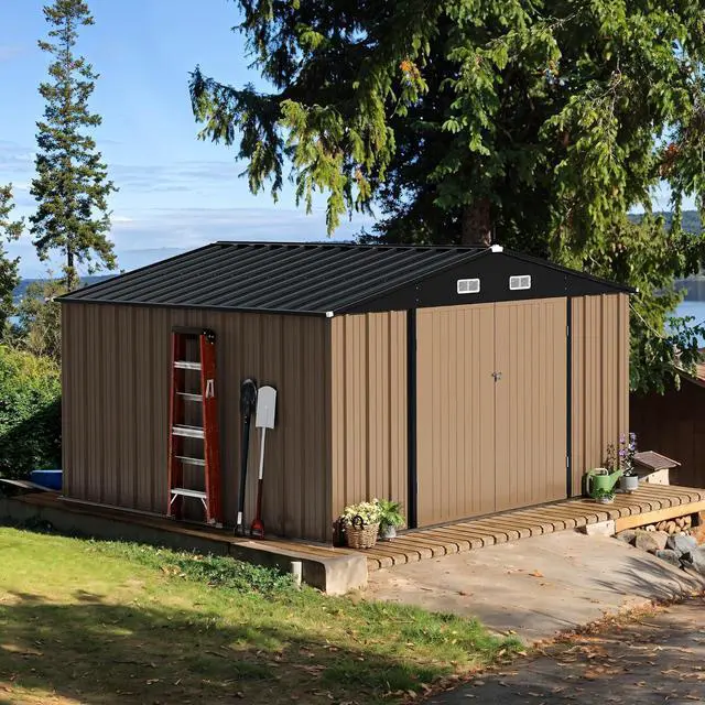 Alt view image 2 of 7 - 10 x 10 FT Outdoor Storage Shed, Metal Garden Sheds & Outdoor Storage Clearance, Large Tool Shed Outdoor with Single Lockable Door for Patio Lawn Backyard (Brown)