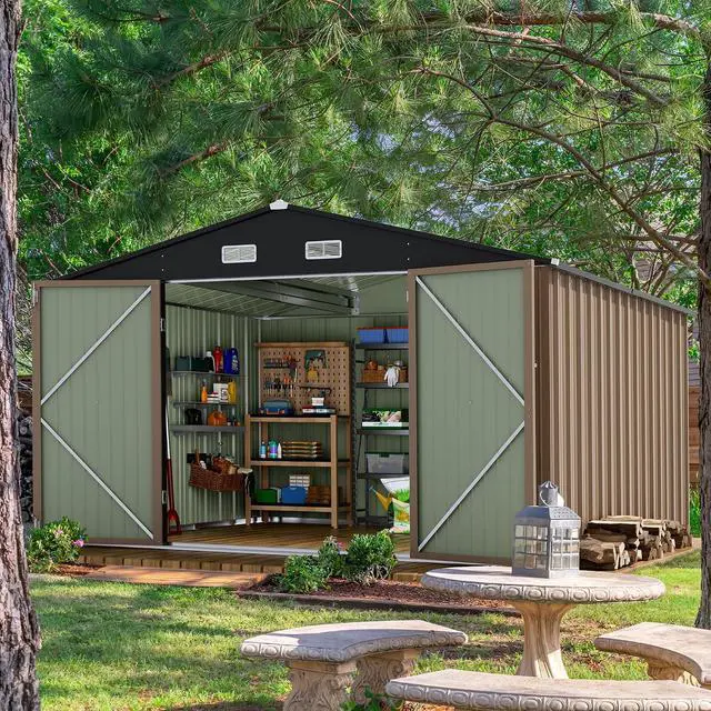 Alt view image 3 of 7 - 10 x 10 FT Outdoor Storage Shed, Metal Garden Sheds & Outdoor Storage Clearance, Large Tool Shed Outdoor with Single Lockable Door for Patio Lawn Backyard (Brown)