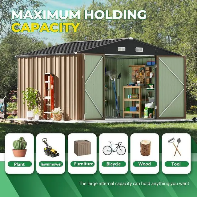 Alt view image 5 of 7 - 10 x 10 FT Outdoor Storage Shed, Metal Garden Sheds & Outdoor Storage Clearance, Large Tool Shed Outdoor with Single Lockable Door for Patio Lawn Backyard (Brown)