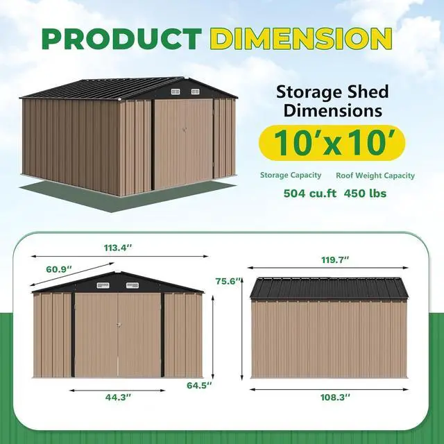 Alt view image 6 of 7 - 10 x 10 FT Outdoor Storage Shed, Metal Garden Sheds & Outdoor Storage Clearance, Large Tool Shed Outdoor with Single Lockable Door for Patio Lawn Backyard (Brown)