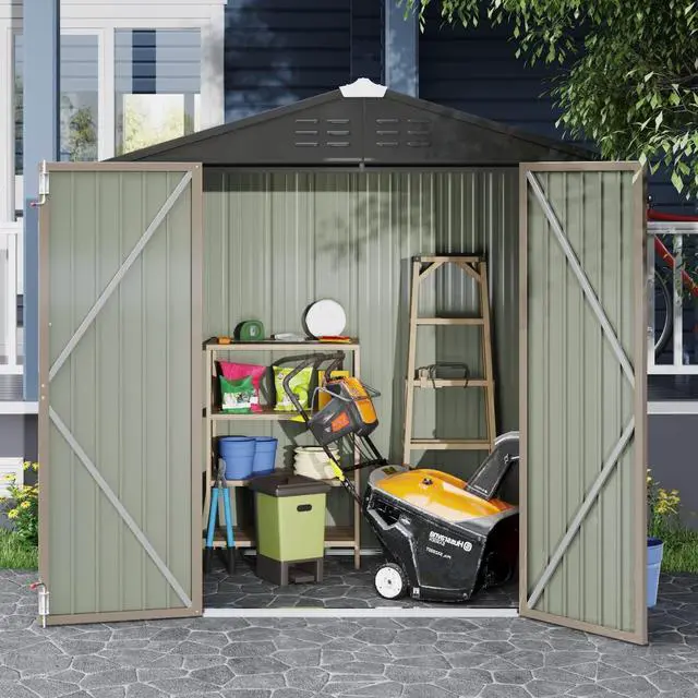 Alt view image 2 of 7 - Outdoor Storage Shed 6 x 4 FT Lockable Metal Garden Shed Steel Anti-Corrosion Storage House with Double Lockable Door for Backyard Outdoor Patio (Brown)