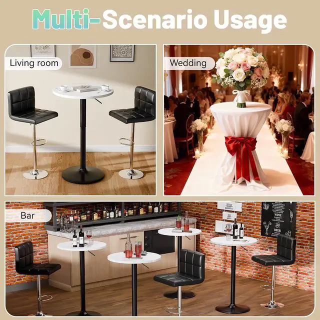 Alt view image 7 of 7 - Bistro Pub Table Height Adjustable Round Bar Table 27.4-36 Inches, 360°Swivel Cocktail Table for Dining Room, Party, Café (4, White-Black)