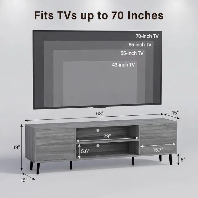 Alt view image 6 of 6 - Mid-Century Modern TV Stand for 65-70 Inch TVs, 63 Inch Media Console with Storage, Entertainment Center with Push-Open Cabinets and Cable Management for Living Room (Grey, 63 Inches)