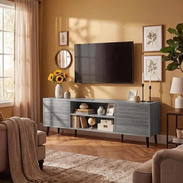Alt view image 4 of 6 - Mid-Century Modern TV Stand for 65-70 Inch TVs, 63 Inch Media Console with Storage, Entertainment Center with Push-Open Cabinets and Cable Management for Living Room (Grey, 63 Inches)