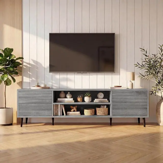 Alt view image 5 of 6 - Mid-Century Modern TV Stand for 65-70 Inch TVs, 63 Inch Media Console with Storage, Entertainment Center with Push-Open Cabinets and Cable Management for Living Room (Grey, 63 Inches)
