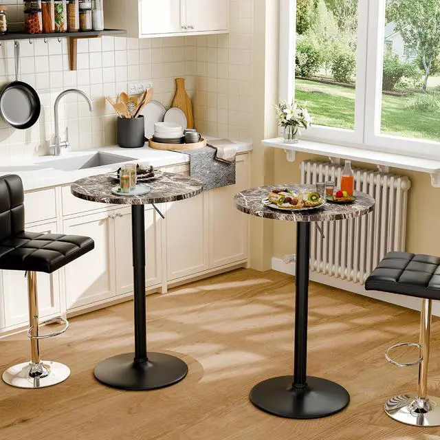 Alt view image 2 of 7 - Bistro Pub Table Height Adjustable Round Bar Table 27.4-36 Inches, 360°Swivel Cocktail Table for Dining Room, Party, Café (1, Marble-Black)