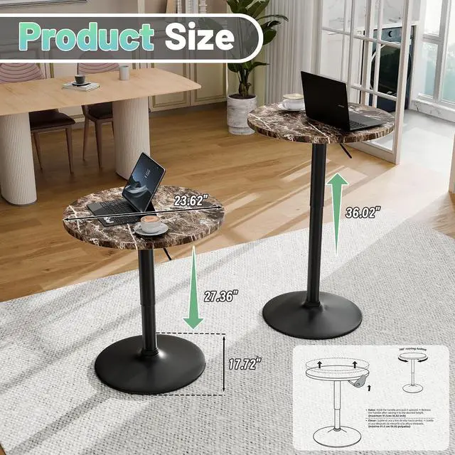 Alt view image 3 of 7 - Bistro Pub Table Height Adjustable Round Bar Table 27.4-36 Inches, 360°Swivel Cocktail Table for Dining Room, Party, Café (1, Marble-Black)