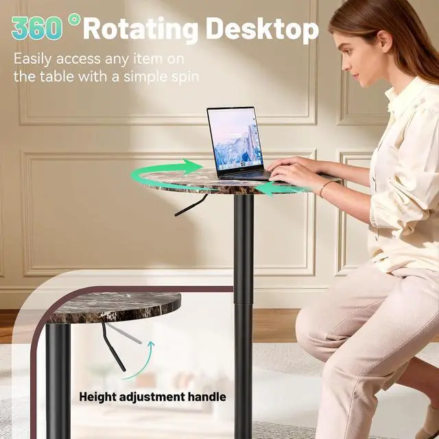 Alt view image 4 of 7 - Bistro Pub Table Height Adjustable Round Bar Table 27.4-36 Inches, 360°Swivel Cocktail Table for Dining Room, Party, Café (1, Marble-Black)