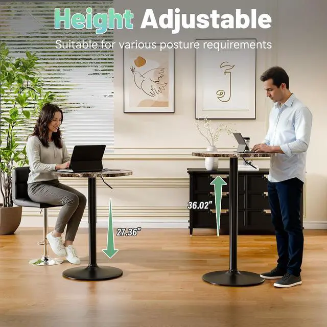 Alt view image 5 of 7 - Bistro Pub Table Height Adjustable Round Bar Table 27.4-36 Inches, 360°Swivel Cocktail Table for Dining Room, Party, Café (1, Marble-Black)