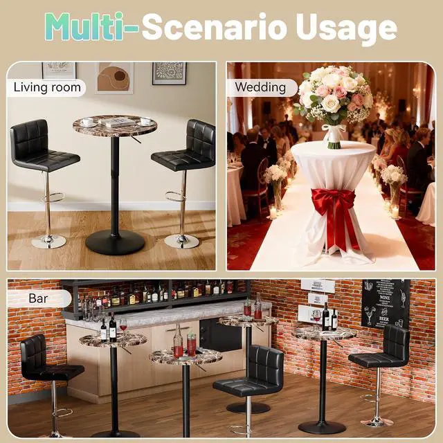 Alt view image 7 of 7 - Bistro Pub Table Height Adjustable Round Bar Table 27.4-36 Inches, 360°Swivel Cocktail Table for Dining Room, Party, Café (1, Marble-Black)