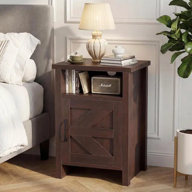 Alt view image 4 of 7 - Farmhouse Nightstand, Modern Bedside Table with Barn Door and Shelf, Rustic End Table Side Table for Bedroom, Living Room(1,Brown)