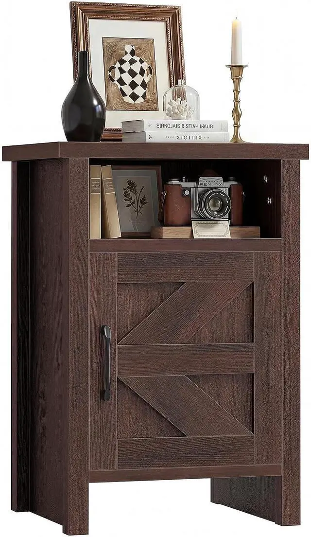 Main image of Farmhouse Nightstand, Modern Bedside Table with Barn Door and Shelf, Rustic End Table Side Table for Bedroom, Living Room(1,Brown)