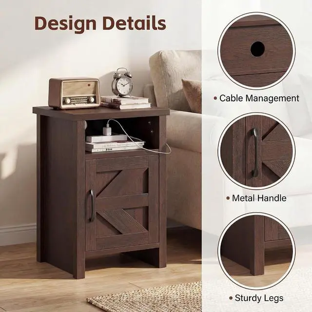 Alt view image 6 of 7 - Farmhouse Nightstand, Modern Bedside Table with Barn Door and Shelf, Rustic End Table Side Table for Bedroom, Living Room(2,Brown)