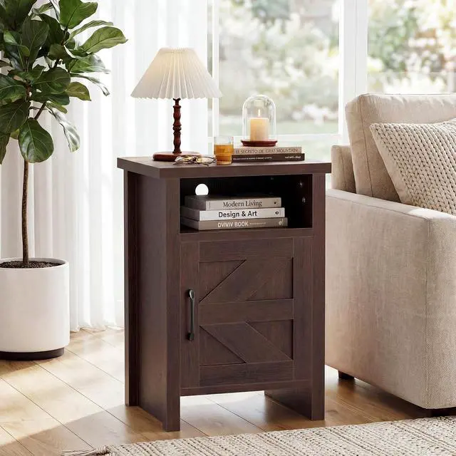 Alt view image 2 of 7 - Farmhouse Nightstand, Modern Bedside Table with Barn Door and Shelf, Rustic End Table Side Table for Bedroom, Living Room(1,Brown)