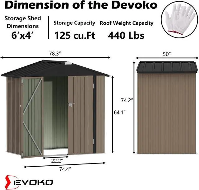 Alt view image 6 of 7 - Outdoor Storage Shed 6 x 4 FT Lockable Metal Garden Shed Steel Anti-Corrosion Storage House with Double Lockable Door for Backyard Outdoor Patio (Brown)
