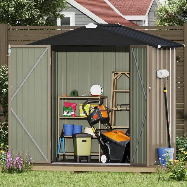 Alt view image 7 of 7 - Outdoor Storage Shed 6 x 4 FT Lockable Metal Garden Shed Steel Anti-Corrosion Storage House with Double Lockable Door for Backyard Outdoor Patio (Brown)