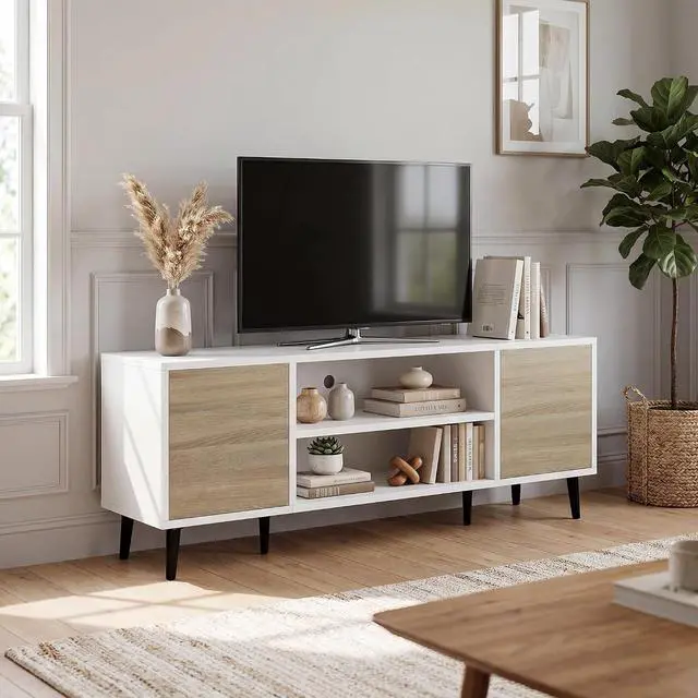 Main image of Mid-Century Modern TV Stand for 43-55 Inch TVs, 50 Inch Media Console with Storage, Entertainment Center with Push-Open Cabinets and Cable Management for Living Room (Oak, 50 Inches)
