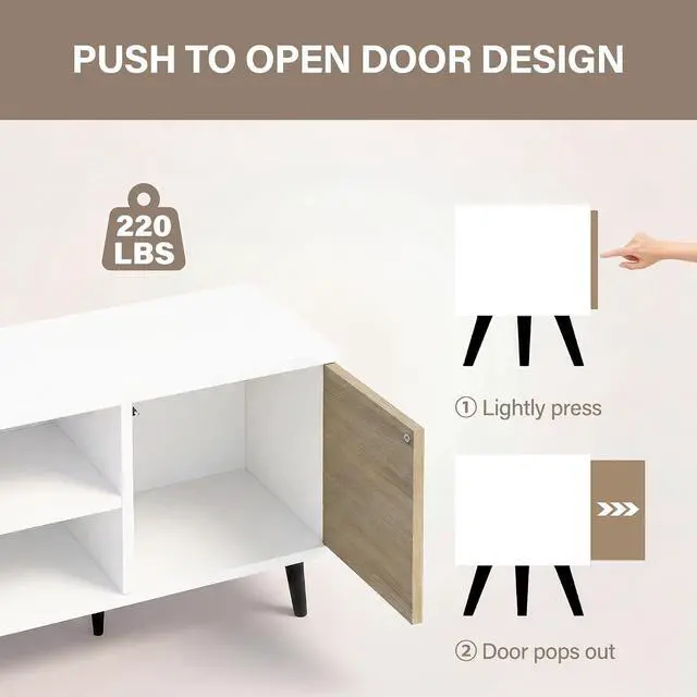 Alt view image 3 of 6 - Mid-Century Modern TV Stand for 43-55 Inch TVs, 50 Inch Media Console with Storage, Entertainment Center with Push-Open Cabinets and Cable Management for Living Room (Oak, 50 Inches)