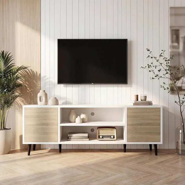 Alt view image 2 of 6 - Mid-Century Modern TV Stand for 43-55 Inch TVs, 50 Inch Media Console with Storage, Entertainment Center with Push-Open Cabinets and Cable Management for Living Room (Oak, 50 Inches)