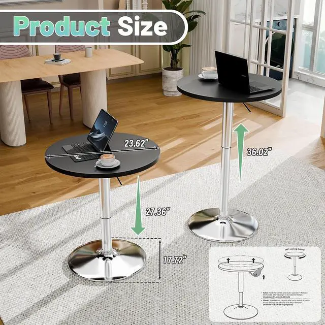 Alt view image 3 of 7 - Bistro Pub Table Height Adjustable Round Bar Table 27.4-36 Inches, 360°Swivel Cocktail Table for Dining Room, Party, Café (4, Black-Silver)