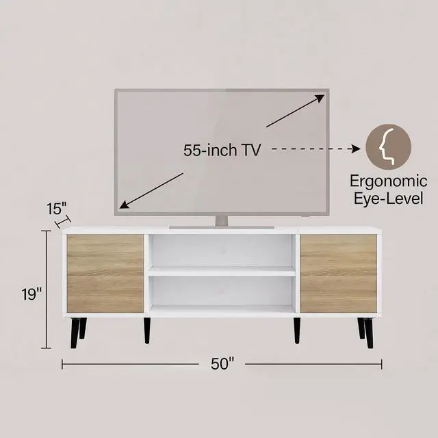 Alt view image 6 of 6 - Mid-Century Modern TV Stand for 43-55 Inch TVs, 50 Inch Media Console with Storage, Entertainment Center with Push-Open Cabinets and Cable Management for Living Room (Oak, 50 Inches)