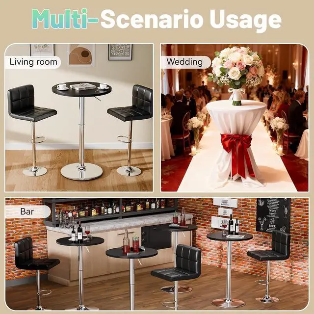 Alt view image 7 of 7 - Bistro Pub Table Height Adjustable Round Bar Table 27.4-36 Inches, 360°Swivel Cocktail Table for Dining Room, Party, Café (4, Black-Silver)