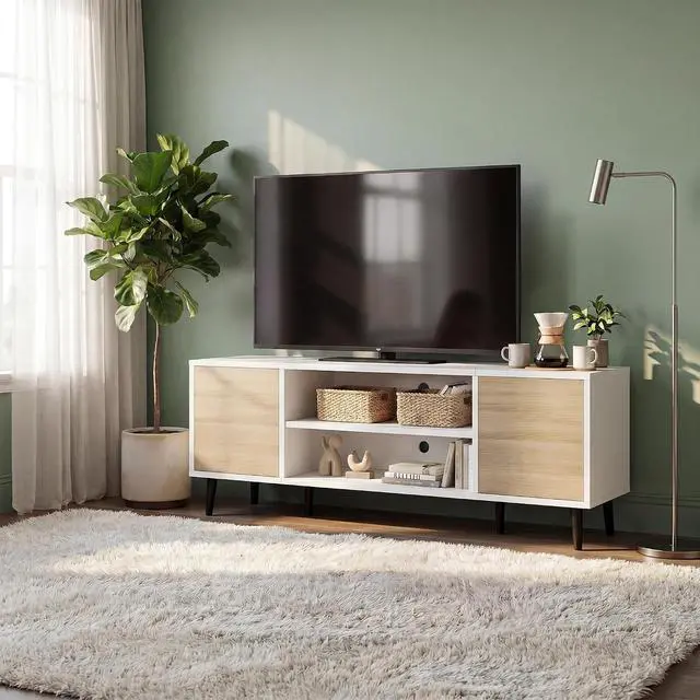 Alt view image 5 of 6 - Mid-Century Modern TV Stand for 43-55 Inch TVs, 50 Inch Media Console with Storage, Entertainment Center with Push-Open Cabinets and Cable Management for Living Room (Oak, 50 Inches)