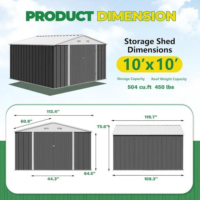 Alt view image 6 of 7 - 10 x 10 FT Outdoor Storage Shed, Metal Garden Sheds & Outdoor Storage Clearance, Large Tool Shed Outdoor with Single Lockable Door for Patio Lawn Backyard (Gray)