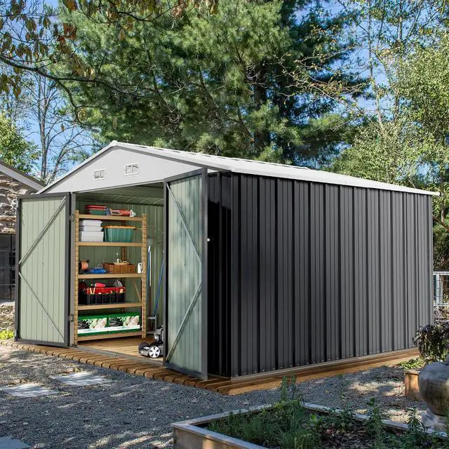 Alt view image 3 of 7 - 10 x 10 FT Outdoor Storage Shed, Metal Garden Sheds & Outdoor Storage Clearance, Large Tool Shed Outdoor with Single Lockable Door for Patio Lawn Backyard (Gray)