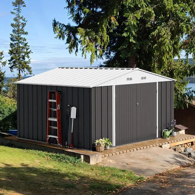 Alt view image 2 of 7 - 10 x 10 FT Outdoor Storage Shed, Metal Garden Sheds & Outdoor Storage Clearance, Large Tool Shed Outdoor with Single Lockable Door for Patio Lawn Backyard (Gray)