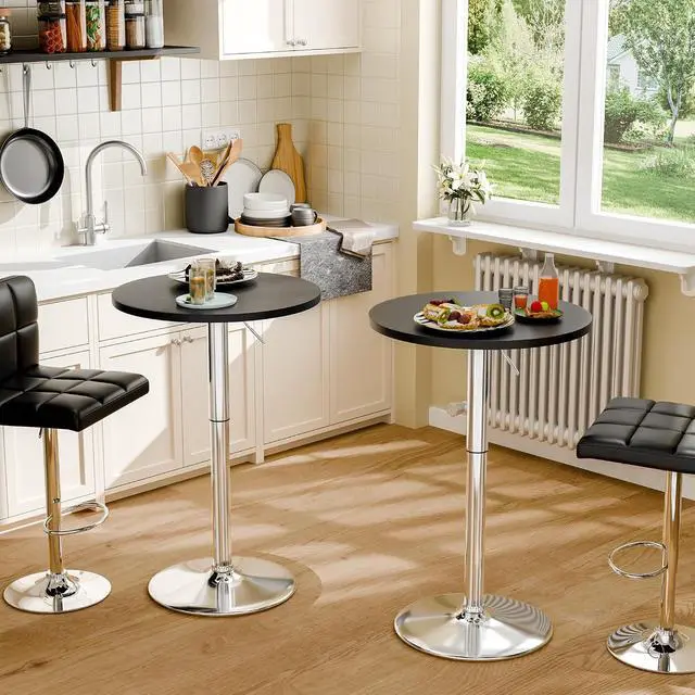 Alt view image 2 of 7 - Bistro Pub Table Height Adjustable Round Bar Table 27.4-36 Inches, 360°Swivel Cocktail Table for Dining Room, Party, Café (4, Black-Silver)