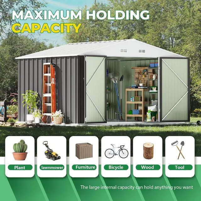 Alt view image 5 of 7 - 10 x 10 FT Outdoor Storage Shed, Metal Garden Sheds & Outdoor Storage Clearance, Large Tool Shed Outdoor with Single Lockable Door for Patio Lawn Backyard (Gray)