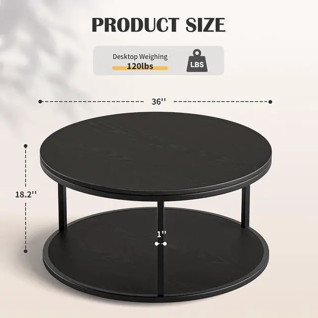 Alt view image 2 of 7 - 36" Coffee Tables with Storage, 2-Tier Round Coffee Table, Center Table for Living Room, Furniture for Small Spaces, Black