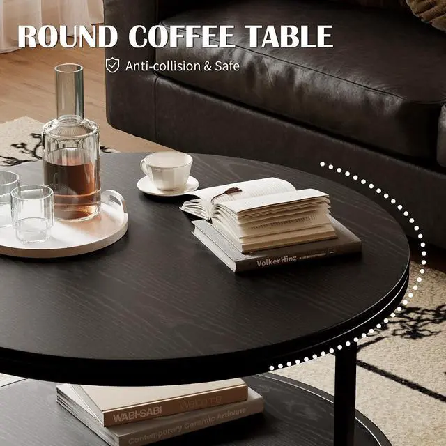 Alt view image 3 of 7 - 36" Coffee Tables with Storage, 2-Tier Round Coffee Table, Center Table for Living Room, Furniture for Small Spaces, Black