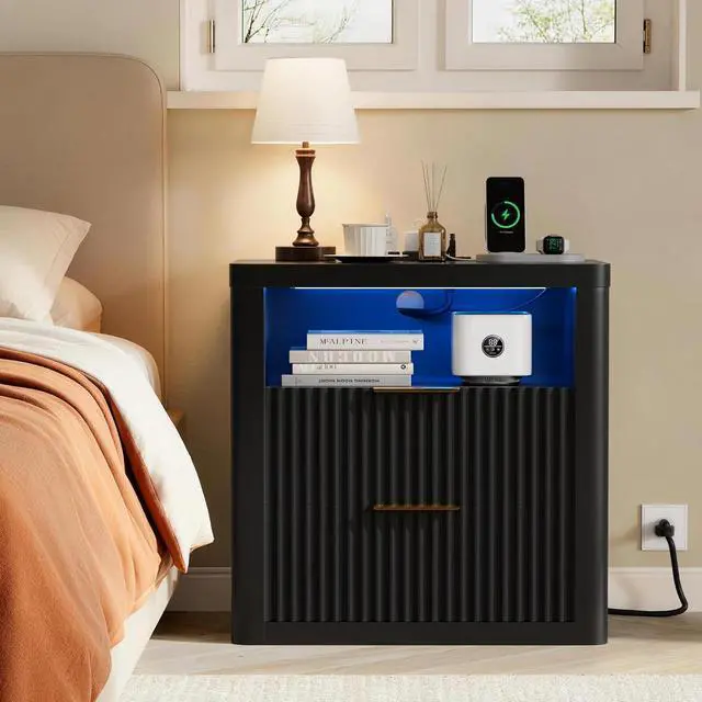 Alt view image 2 of 7 - Fluted Nightstand with Charging Station & RGB Lights,Wooden End Table with 2 Deep Drawers & Open Storage Shelf,Thickened Top,Modern Bedside Table for Bedroom,Living Room,Black