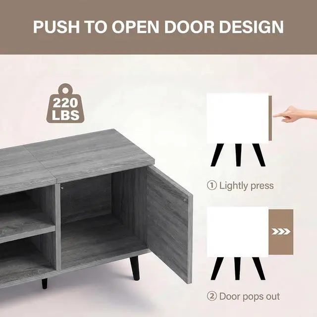 Alt view image 3 of 7 - Mid-Century Modern TV Stand for 43-55 Inch TVs, 50 Inch Media Console with Storage, Entertainment Center with Push-Open Cabinets and Cable Management for Living Room