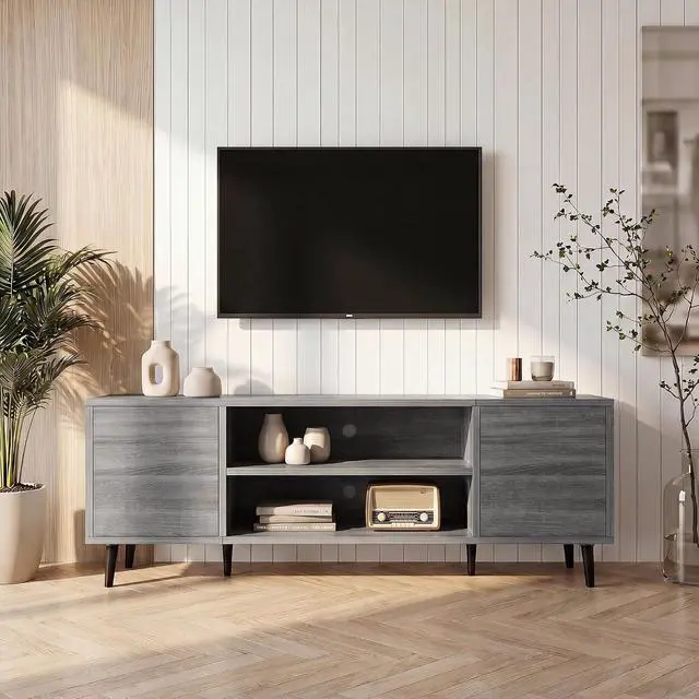 Alt view image 2 of 7 - Mid-Century Modern TV Stand for 43-55 Inch TVs, 50 Inch Media Console with Storage, Entertainment Center with Push-Open Cabinets and Cable Management for Living Room