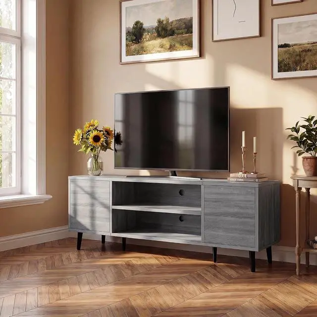 Alt view image 4 of 7 - Mid-Century Modern TV Stand for 43-55 Inch TVs, 50 Inch Media Console with Storage, Entertainment Center with Push-Open Cabinets and Cable Management for Living Room