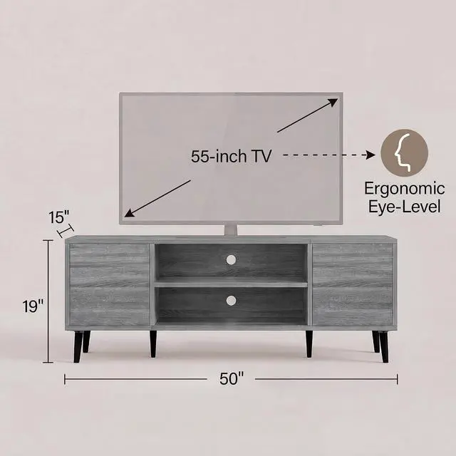 Alt view image 6 of 7 - Mid-Century Modern TV Stand for 43-55 Inch TVs, 50 Inch Media Console with Storage, Entertainment Center with Push-Open Cabinets and Cable Management for Living Room