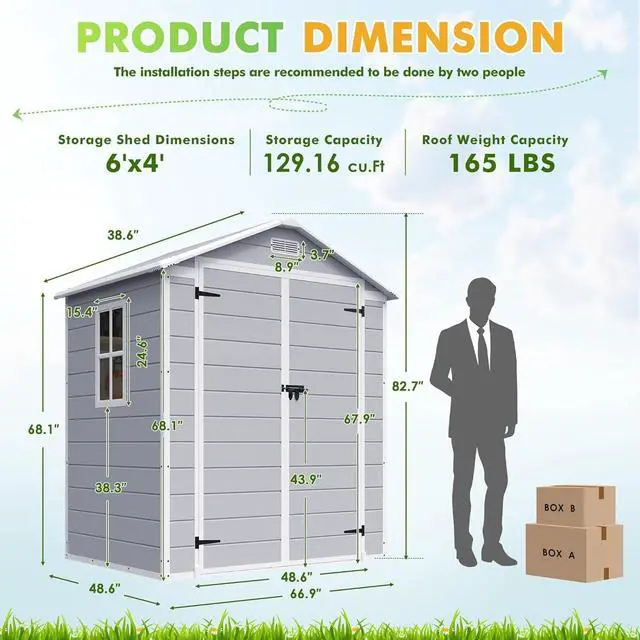 Alt view image 2 of 7 - 6 x 4 FT Resin Outdoor Storage Shed with Floor, Plastic Tool Shed with Windows, All-Weather Garden Shed with Lockable Door for Patio, Backyard, Poolside, Light Grey