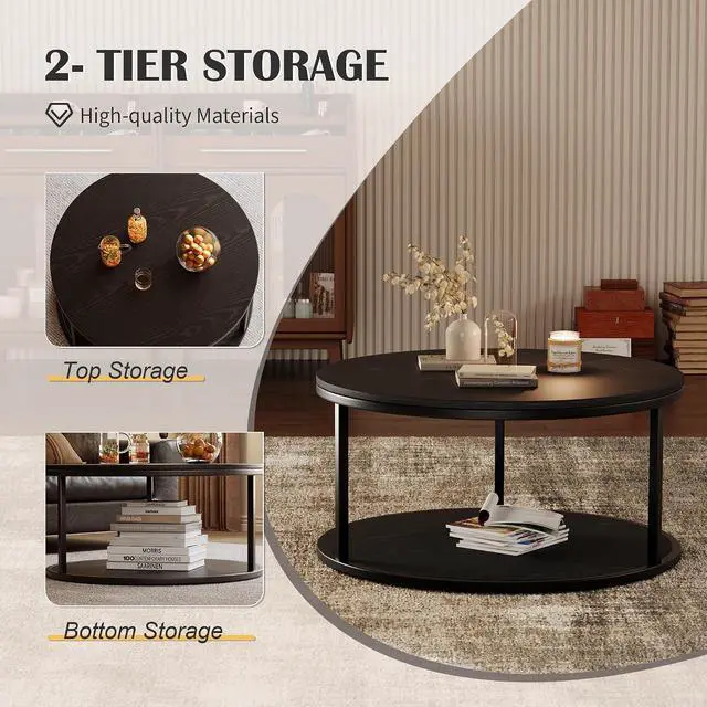 Alt view image 4 of 7 - 36" Coffee Tables with Storage, 2-Tier Round Coffee Table, Center Table for Living Room, Furniture for Small Spaces, Black