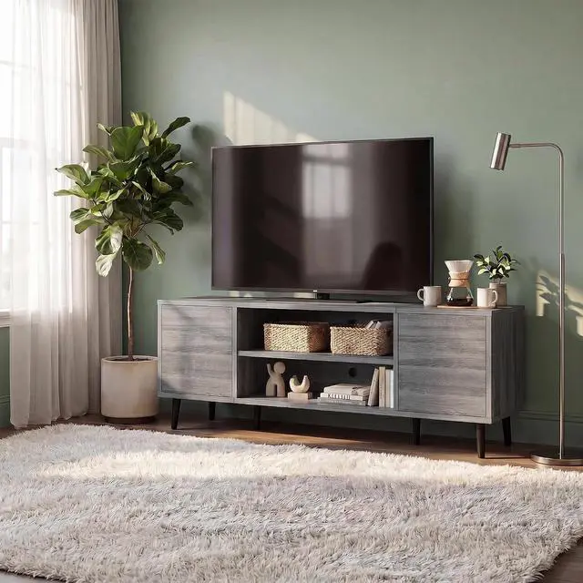 Alt view image 7 of 7 - Mid-Century Modern TV Stand for 43-55 Inch TVs, 50 Inch Media Console with Storage, Entertainment Center with Push-Open Cabinets and Cable Management for Living Room
