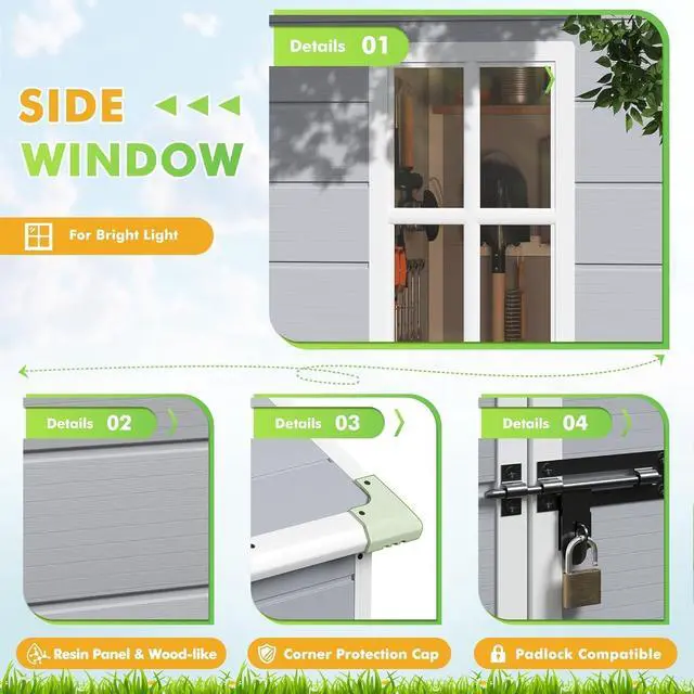 Alt view image 4 of 7 - 6 x 4 FT Resin Outdoor Storage Shed with Floor, Plastic Tool Shed with Windows, All-Weather Garden Shed with Lockable Door for Patio, Backyard, Poolside, Light Grey