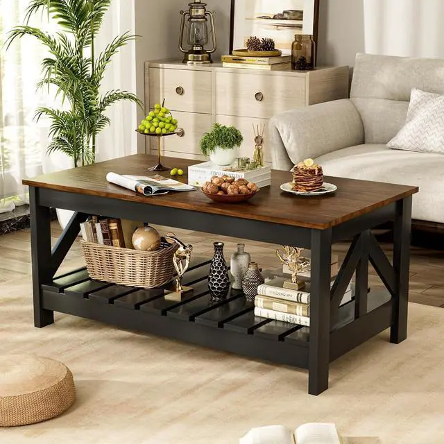 Main image of 39 Farmhouse Coffee Table for Living Room, 2-Tier Modern Living Room Table with Storage Shelf, Rustic Rectangular Center Table Space Saving Home Furniture (Rustic Brown & Black)
