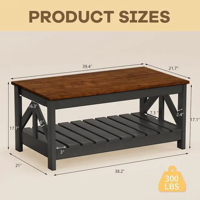 Alt view image 2 of 7 - 39 Farmhouse Coffee Table for Living Room, 2-Tier Modern Living Room Table with Storage Shelf, Rustic Rectangular Center Table Space Saving Home Furniture (Rustic Brown & Black)