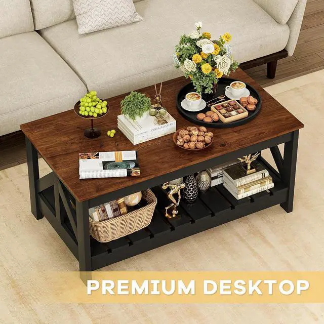 Alt view image 3 of 7 - 39 Farmhouse Coffee Table for Living Room, 2-Tier Modern Living Room Table with Storage Shelf, Rustic Rectangular Center Table Space Saving Home Furniture (Rustic Brown & Black)