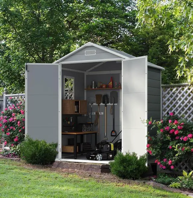 Alt view image 6 of 7 - 6 x 4 FT Resin Outdoor Storage Shed with Floor, Plastic Tool Shed with Windows, All-Weather Garden Shed with Lockable Door for Patio, Backyard, Poolside, Light Grey