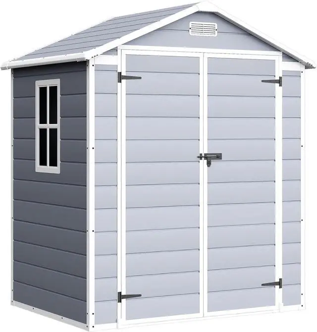 Alt view image 7 of 7 - 6 x 4 FT Resin Outdoor Storage Shed with Floor, Plastic Tool Shed with Windows, All-Weather Garden Shed with Lockable Door for Patio, Backyard, Poolside, Light Grey