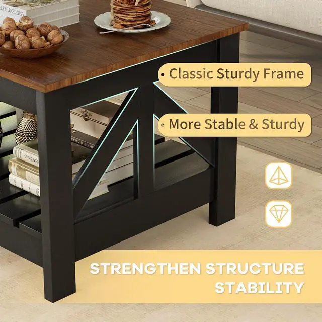 Alt view image 5 of 7 - 39 Farmhouse Coffee Table for Living Room, 2-Tier Modern Living Room Table with Storage Shelf, Rustic Rectangular Center Table Space Saving Home Furniture (Rustic Brown & Black)