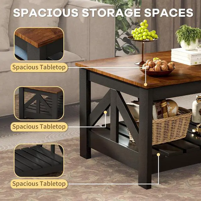 Alt view image 6 of 7 - 39 Farmhouse Coffee Table for Living Room, 2-Tier Modern Living Room Table with Storage Shelf, Rustic Rectangular Center Table Space Saving Home Furniture (Rustic Brown & Black)